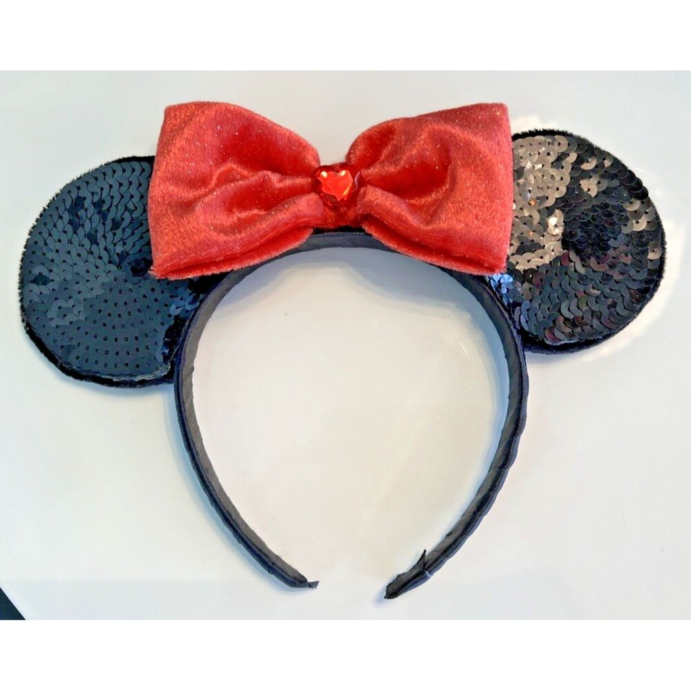 Minnie Mouse Ears Red Sparkly Bow Rhinestone Heart Sequin Black Ears